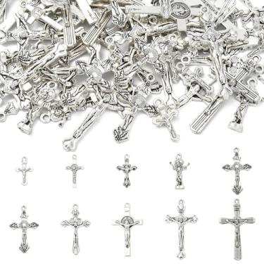 Imagem de UR URLIFEHALL 100 peças, 10 estilos, pingentes de cruz tibetana, prata antiga, crucifixo de Jesus, pingentes pendentes para brincos de Páscoa faça você mesmo, colar de joias
