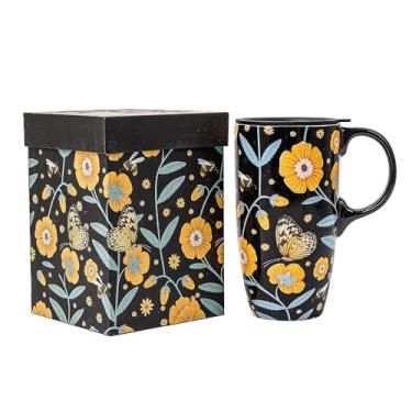 Imagem de Topadorn Caneca de cerâmica xícara de chá com latte de porcelana caneca de café com caixa de presente, 500 ml. Copo de viagem com tampa, flor preta e amarela