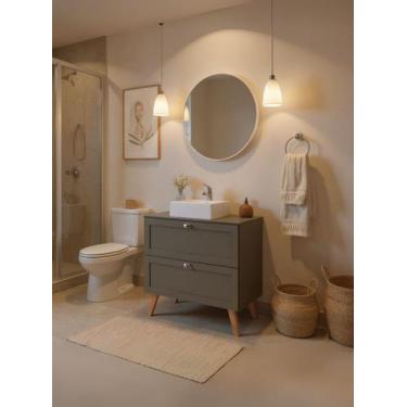 Imagem de Gabinete para Banheiro com Tampo Cuba e Espelho Redondo 80cm Retro Mdf