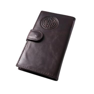 Imagem de Carteira feminina de couro irlandês: nó celta em relevo dobrável com bloqueio de RFID – grande capacidade, design durável para uso diário, viagens e estilo, Marrom, Estilo étnico moderno