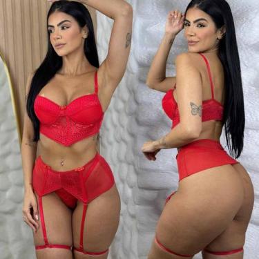 Imagem de Conjunto Com Bojo Sensual Com Cinta Liga Tule e Renda Completo - Like4