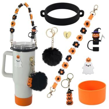 Imagem de Conjunto de acessórios para copo Stanley de Halloween, incluindo alça de alça de garrafa de água, bota de silicone, pingente de pelúcia, capa de canudo de abóbora, pingentes e adesivo de bordado para