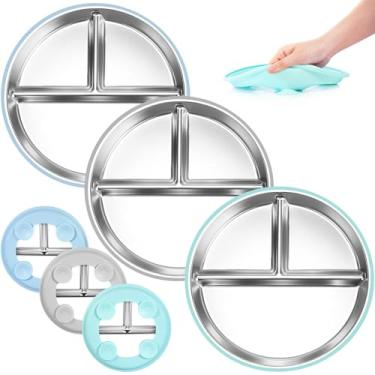 Imagem de Pratos infantis de aço inoxidável com sucção de silicone, 3 unidades de pratos antiderrapantes para bebês, porção dividida, placa de silicone de grau alimentício para crianças, sem chumbo, lavável na