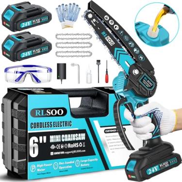 Imagem de RLSOO Mini motosserra, motosserra elétrica de 15 cm sem fio com lubrificador automático e trava de segurança, motosserra portátil alimentada por bateria para galhos, corte de madeira, quintal, uso de