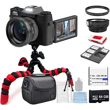 Imagem de eDealz Kit de câmera digital 4K de 56 MP, câmera vlogging para YouTube com tela flip, WiFi, lente grande angular e macro, cartão micro SD de 64 GB, tripé flexível de 12 polegadas, estojo de transporte