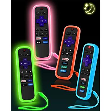 Imagem de Pacote com 4 capas para controle remoto Roku, capa para controle remoto de TV Hisense/TCL Roku | Controle de substituição universal | Capa de silicone | Brilha no escuro | Cordão que brilha | Verde