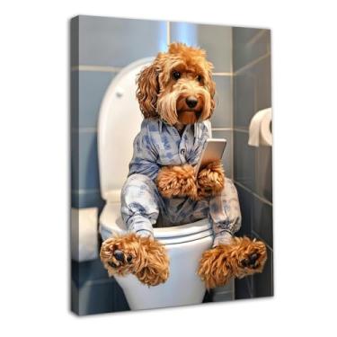 Imagem de Dazzlewall Quadro de Arte de Parede de Banheiro Animal Engraçado, Cachorro Sentado No Vaso Sanitário Brincando Com Telefone Humor Poster Imagem para Banheiro 12x16 polegada
