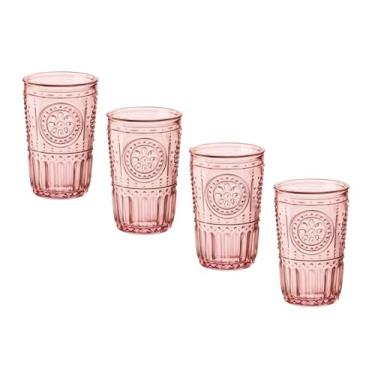 Imagem de Bormioli Rocco Conjunto romântico de 4 copos de copo, vidro de cristal colorido de 326 g, algodão rosa doce, feito na Itália.