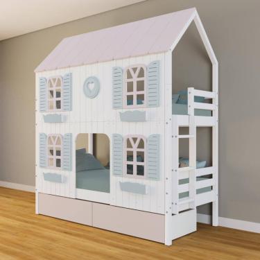 Imagem de Beliche Casinha Bela com Coração 2 Gavetas Rosa 4 Janelas Venezianas - Madeira Maciça Branco/Rosa/Verde | Housin