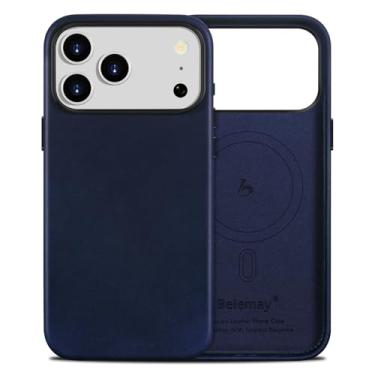 Imagem de Belemay Capa de couro vegetal curtido à mão para iPhone 17 Pro, compatível com MagSafe, efeito clássico de dois tons, pátina natural, botão de controle de câmera, botões de metal (6,3 polegadas), azul