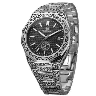 Imagem de FORSINING Relógio masculino moderno, vintage, automático, impermeável, minimalista, com pulseira de aço inoxidável, 2 prata e preto, Retrô