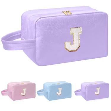 Imagem de I IHAYNER Bolsa de maquiagem inicial para mulheres, presentes de aniversário para meninas de 4, 5, 6, 7, 8, 9, 10, 11, 13, 14 anos, bolsa de cosméticos, bolsa de higiene pessoal, Roxa, J, J