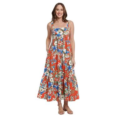 Imagem de London Times Vestido longo feminino de algodão franzido nas costas Babydoll em camadas, Laranja/azul/verde, 38