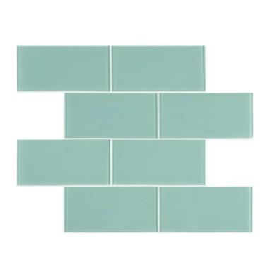 Imagem de CASAPALACE Retire e cole o azulejo de vidro do metrô, vidro azul claro em azulejos de parede para cozinha e banheiro (5 folhas, 5 pés quadrados)