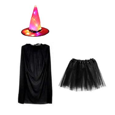 Imagem de Fantasia Bruxa C/ Chapéu Led Laranja Capa e Saia Preta