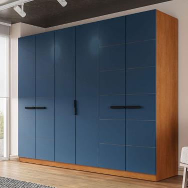 Imagem de Guarda-Roupa Casal Lisboa 6 Portas 4 Gavetas Freijó/Azul - Politorno