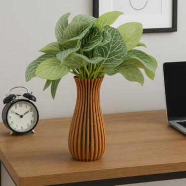 Imagem de Vaso mdf vasado na cor marrom com folhagem artificial fittonia decorativa para sala cozinha quarto jardim medida de 30cm