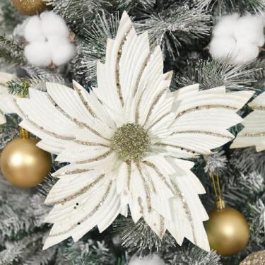 Imagem de WishTip 6 peças de flores artificiais de Natal de poinsétia com glitter grande de 30,5 cm com hastes, enfeites de guirlanda de árvore de Natal, Ano Novo, decoração de festa de casamento em casa