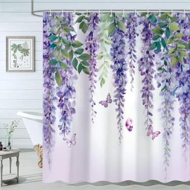 Imagem de Sokdcam Cortina de chuveiro floral roxa, lavanda roxa borboleta Farmhous conjunto de cortinas de chuveiro para decoração de banheiro de meninas, cortinas de banho de tecido de poliéster com ganchos