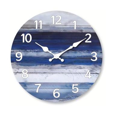 Imagem de hezhuhe2258 Relógio de parede de madeira de praia rural - Relógio de parede com design de grão de madeira azul vintage, relógio silencioso circular (25,4 cm)
