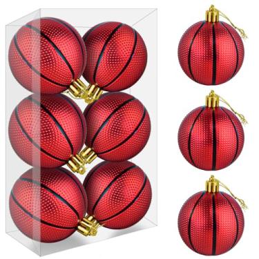 Imagem de Mupera Pacote com 6 enfeites de Natal de basquete, bolas de árvore esportivas vermelhas resistentes a esmagamento de 6 cm, prontas para presente para fãs de basquete, guirlanda de decoração de feriado