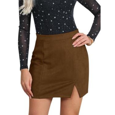 Imagem de Saia Ezcosplay Faux Suede Sexy Mini com fenda de cintura alta marrom