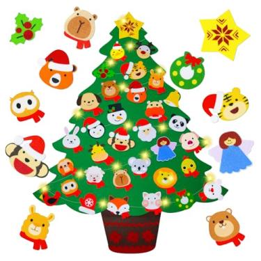 Imagem de Árvore de Natal de feltro para crianças, árvore de feltro DIY com tema animal de 1 m para parede com luzes + 33 ornamentos (inclui 25 animais), decoração de decoração de casa de Natal interna