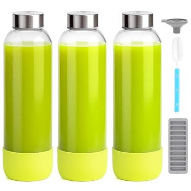 Imagem de Zukro Garrafas de suco de vidro com tampas para suco de 946 ml, pacote com 3 garrafas de água de vidro transparente reutilizáveis com tampa hermética de aço inoxidável e base de silicone, 100% à prova