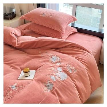 Imagem de Conjunto de capa de edredom macio e quente de inverno, conjunto de capa de edredom de 4 peças com bordado, ultramacio, quente e durável (lençol de cama com elástico rosa_completo)