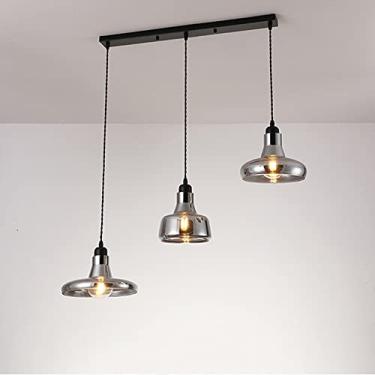 Imagem de YQSLQZZ Lustre de sala de jantar de 3 luzes com sombra de vidro cinza esfumaçado luminária pendente ilha de cozinha, iluminação decorativa de teto com altura ajustável, luz de teto, para bar fazenda