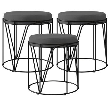 Imagem de Kit 03 Puffs Decorativo Aramado Preto Zaya L02 Suede Cinza - Lyam Decor