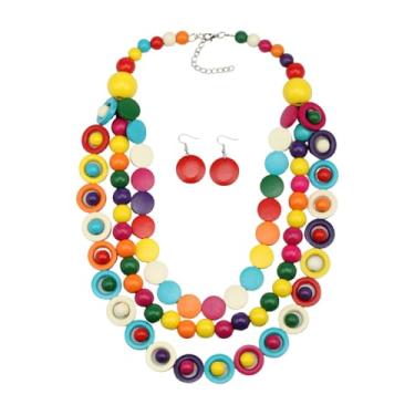 Imagem de Conjunto de brincos de colar com contas coloridas para mulheres, madeira, étnico, tribal, multifios, ousado, boêmio, festival, joia, 22 inch, Madeira, Sem Pedra Preciosa