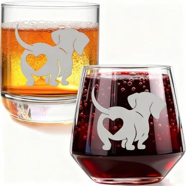 Imagem de Presentes de Dachshund para mulheres e homens - Conjunto de 2 copos de vinho e uísque gravados à mão - Decoração de cachorro Weiner para amantes de cães, presente temático de dachshund engraçado para