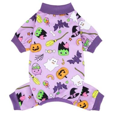Imagem de XPUDAC Roupas de Halloween para cães, confortáveis, elásticos, pijamas fofos para cães pequenos, médios, meninos, meninas, gatos, roupa para animais de estimação, roxo, P