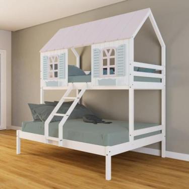 Imagem de Beliche Casal/ Solteiro Casinha Bela - Madeira Maciça Branco/rosa/verd