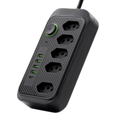 Imagem de Régua de Energia com 5 Tomadas, 4 USB + 1 USB Tipo-C, Cabo 2m, 2500W, Extensão Elétrica Inteligente, Filtro de Linha Bivolt 110–220V, Alta Potência e Segurança