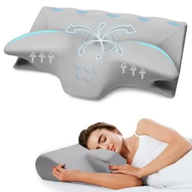 Imagem de Travesseiro cervical para alívio da dor no pescoço, almofadas de espuma viscoelástica com contorno refrescante, suporte ergonômico inodoro, travesseiro ortopédico ajustável para dormir de estômago nas