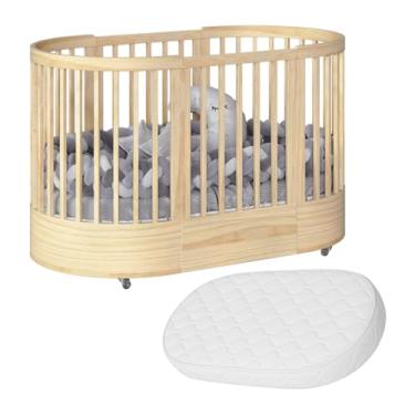 Imagem de Berço Redondo 3 em 1 Wave Premium com Colchão Fase 2 Ajuste de Altura Rodízios de Silicone e Conversão para Mini Cama (NATURE)