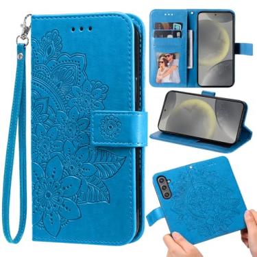Imagem de Furill Capa carteira compatível com Samsung Galaxy S25 FE 5G e protetor de pulso flor couro flip porta-cartão de crédito Folio bolsa suporte capa de celular para S 25 EF S25FE 25S 25FE meninas azul