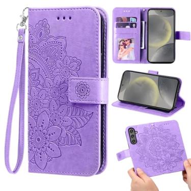 Imagem de Furill Capa carteira compatível com Samsung Galaxy S25 FE 5G e protetor de pulso flor couro flip porta-cartão de crédito Folio bolsa suporte capa de celular para S 25 EF S25FE 25S 25FE meninas roxo