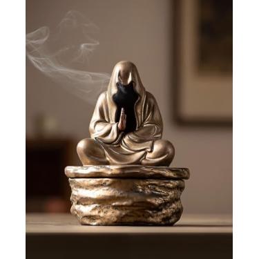 Imagem de TEAVOR Queimador de incenso de cerâmica para cone e bobina – Estátua de Buda sem rosto para proteção e meditação zen, decoração de casa para afastar a negatividade