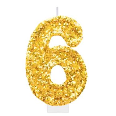 Imagem de Vela de aniversário dourada número 6 para bolo, topo de bolo dourado com glitter, decorações grandes de 6 anos, suprimentos de festa para mulheres e homens, decoração de lembrancinhas de festa de