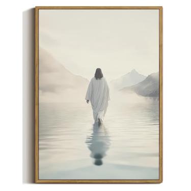Imagem de ZZTCYSU Jesus Canvas Wall Art Christian Framed Wall Art Jesus Walking on Water Back Impressão Bíblica Moderna Arte de Fé Religiosa para Sala de Estar Quarto Igreja 40.6 cm x 61.0 cm Emoldurado