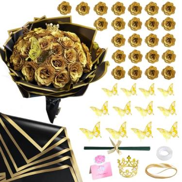 Imagem de Kit de buquê de rosas com glitter DIY dourado - 24 flores falsas brilhantes com hastes coroa de borboleta, floral eterno para formatura, buquê de casamento, presente de aniversário, presente de