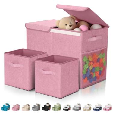 Imagem de Fiwochic Pacote com 3 caixas de armazenamento de brinquedos grandes de 58 cm com caixas de armazenamento de cubos de 28 cm, baú organizador de brinquedos dobrável com tampas para berçário, sala de