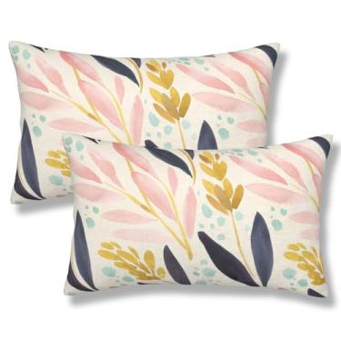 Imagem de ZYNTIRAX Capas de almofada floral em aquarela rosa marinho amarelo floral arte rústica, 30 x 50 cm, conjunto de 2 fronhas retangulares de flores boho vintage para sofá de cama