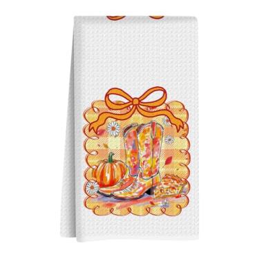 Imagem de XLRSDF Botas de vaqueira ocidental de abóbora de outono decoração de laço, toalha de chá reutilizável, panos de prato, adequado para banheiro, casa, cozinha, pia, decoração de atmosfera de outono, 35