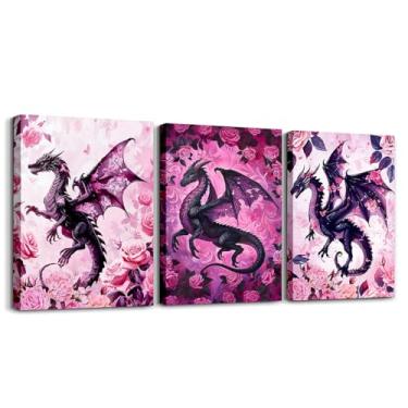 Imagem de Arte de parede em tela de dragão ocidental, rosas flores exóticas floral trippy pintura de parede para meninas mulheres, imagens de pôster de animais antigos ocidentais, rosa preto 3 peças arte de