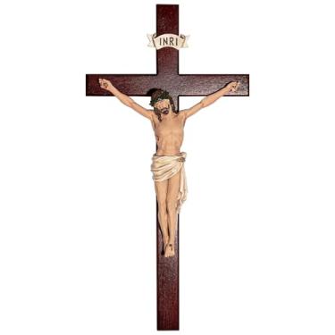 Imagem de PLONKLY Cruz de parede crucifixo - cruz de parede de Jesus pintada à mão decoração de casa católica, crucifixo católico de madeira de 35,5 cm para parede, presentes de casamento religiosos