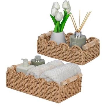 Imagem de Cestas de corda de borda recortada cáqui com alça de madeira, conjunto de 2 caixas decorativas neutras para prateleira, armário, berçário e organização de casa